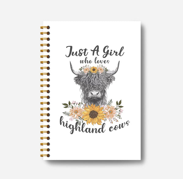 Highland Cow Notebook, Western Cow Gifts, Spiral Notebook 5.5x8.3, Highland Cow Office Supplies, Just a Girl Who Loves