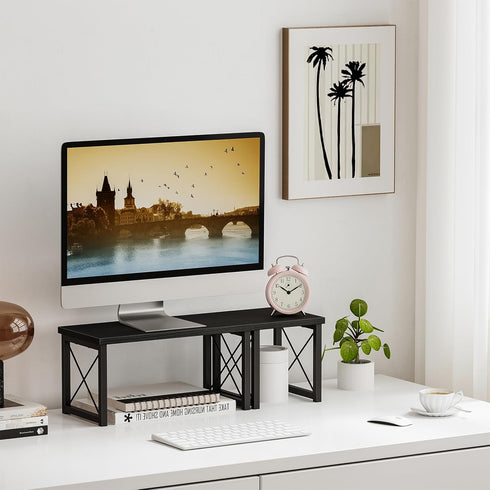 Honiter 2 Tier Desktop Organizer Shelf, Freestanding Small Bookshelf for Office Storage, Black Desk Display Rack