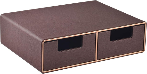 Linen Leather Desk Organizer with Drawers - Mini Stackable Desktop Storage Box for Office Supplies, Home Vanity (Brown)
