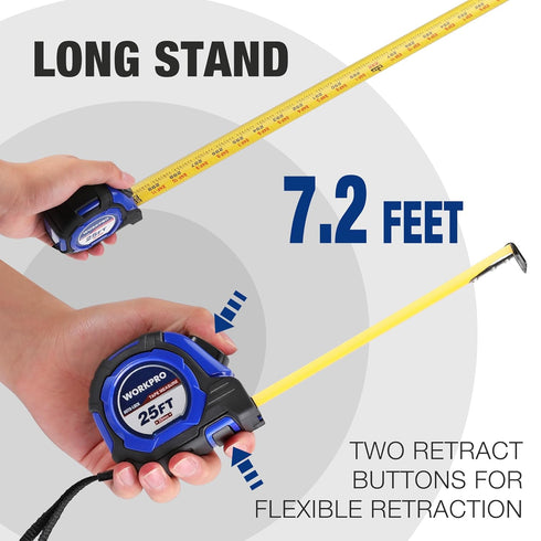 WORKPRO 25FT Auto-Lock Tape Measure, 1/8 Fractions, Easy Read, Double Stop Measurement Tape with Magnetic Hook