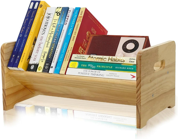 Generic Desktop Bookshelf Organizer, Wood Office Tabletop Book Storage Rack, Tilting Bookcase for