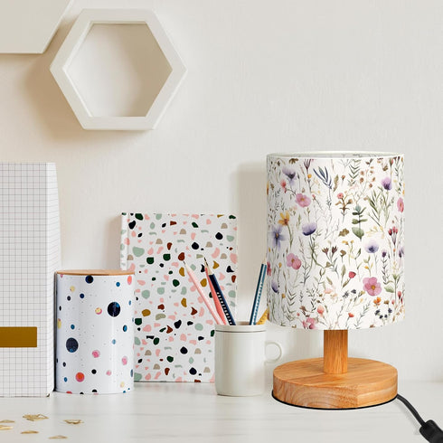 VIHOSE Wildflower Kids Table Lamp for Bedroom Kids Bedside Lamp with Linen Wooden Nightstand Cartoon Nursery Lampshade
