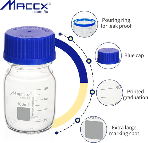 3.4oz (100ml) Glass Round Media Storage Bottles, Heavy-duty Borosilicate with GL45 Screw Cap, Pack of 12