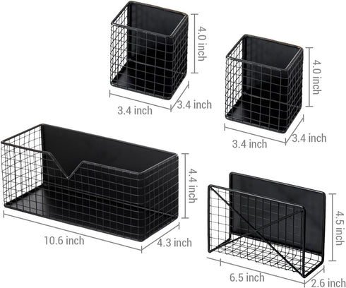 MyGift Magnetic Office Supplies Storage Organizer Baskets, Industrial Matte Black Metal Wire Mesh Mail Slot, 4 Piece Set