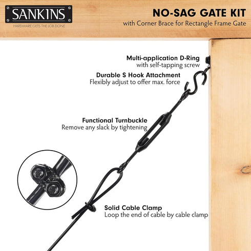 SANKINS Anti-Sag Gate Kits for Wooden Fence, Black Support Cable Kit for Outdoor Repair