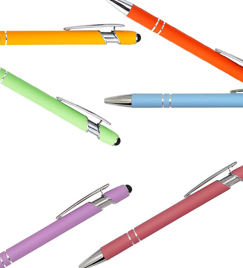 Pastel Rubberized Soft Touch Ballpoint Pen with Stylus Tip, Premium Metal Pen, Black Ink, 7 Pack
