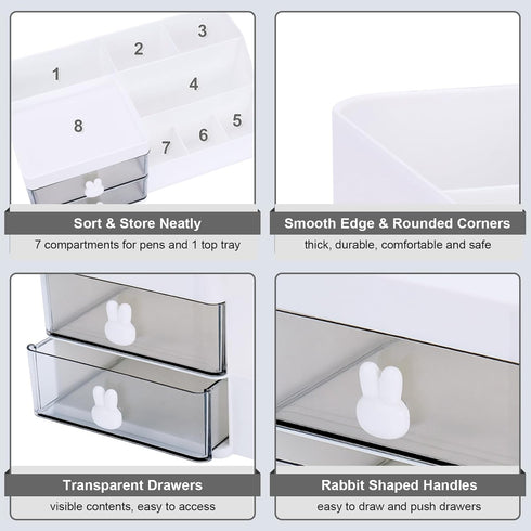Desk Organizer with 2 Drawers, 7 Compartments & Top Tray for Makeup, Bathroom, Cute Home Organization (White)