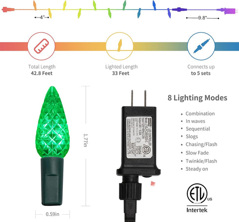 C6 33ft 100 29V 8 WATERGLIDE Christmas Lights, LED Faceted String Lights Green Wire Fairy Lights with Safe Adaptor