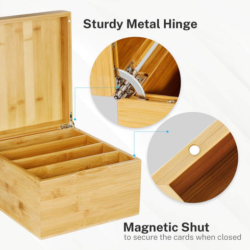 MaxGear Business Card Holder, 5 x 8 Inches Index Card Organizer Box with 4 Dividers, Bamboo, Holds 600 Cards