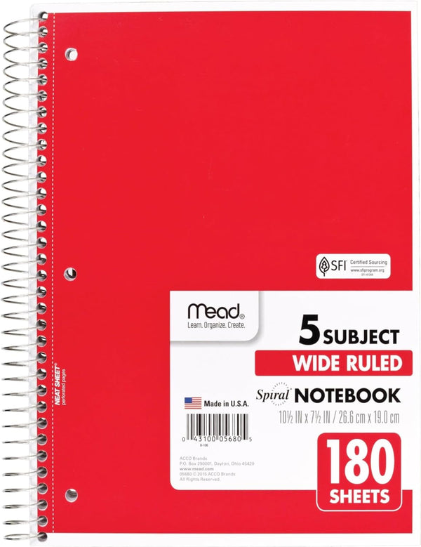 Mead Spiral Notebook, 5 Subject, Wide Ruled, 180 Sheets, 10-1/2" x 8", Color Selected For You, 1 Count