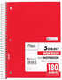 Mead Spiral Notebook, 5 Subject, Wide Ruled, 180 Sheets, 10-1/2" x 8", Color Selected For You, 1 Count