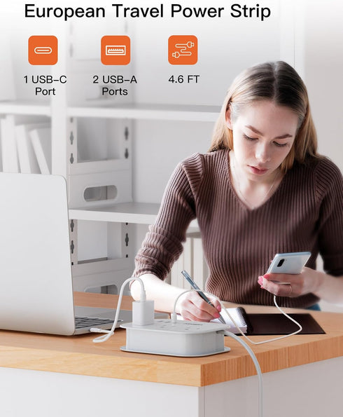 European Travel Plug Adapter USB C, Popowell International European Plug Adapter, 4 FT Travel Power Strip with 3 Outlets & 3 USB, Type C Power Adapter Travel Essentials for Italy Spain France Germany