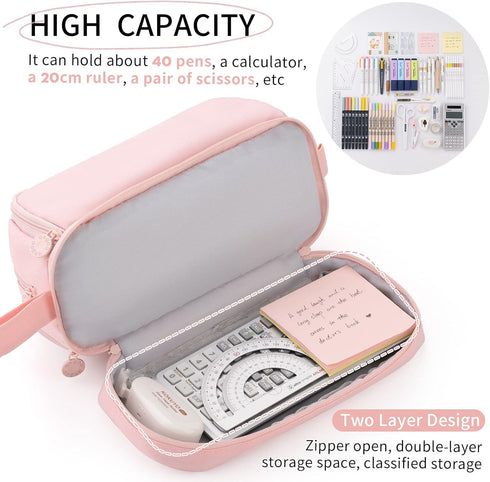 CICIMELON Large Capacity Pen Pencil Case with 4 Compartments, Aesthetic Organizer for Teen Girls (Pink)