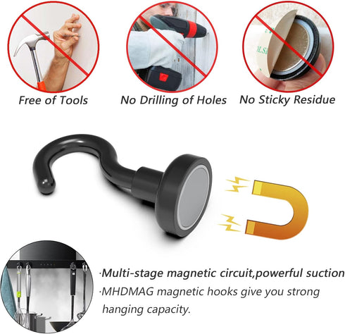 Black Magnetic Hooks, Strong Neodymium Rare Earth Magnets for Hanging, Holder, Keys, Storage, Door, Office, BBQ, Cruise