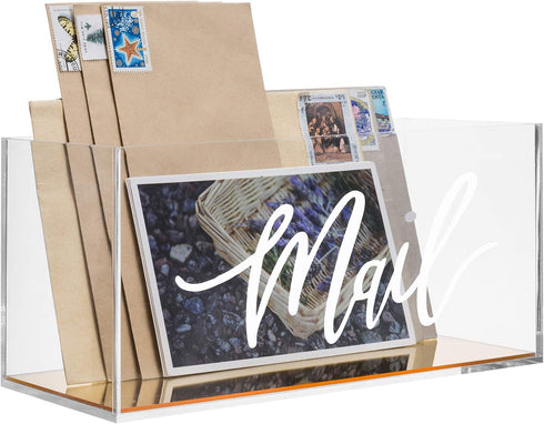 MyGift Clear Acrylic Mail Organizer Box with Letter Word Script Design and Gold Mirror Base