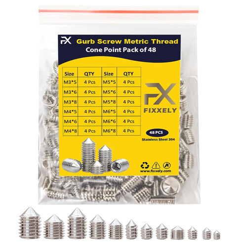 Cone Point Set Screws 48 Pcs - M3, M4, M5, M6 Hex Head Metric 304 Stainless Steel Grub Screws for Home Repairs