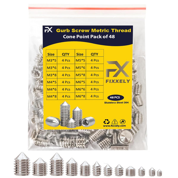 Cone Point Set Screws 48 Pcs - M3, M4, M5, M6 Hex Head Metric 304 Stainless Steel Grub Screws for Home Repairs