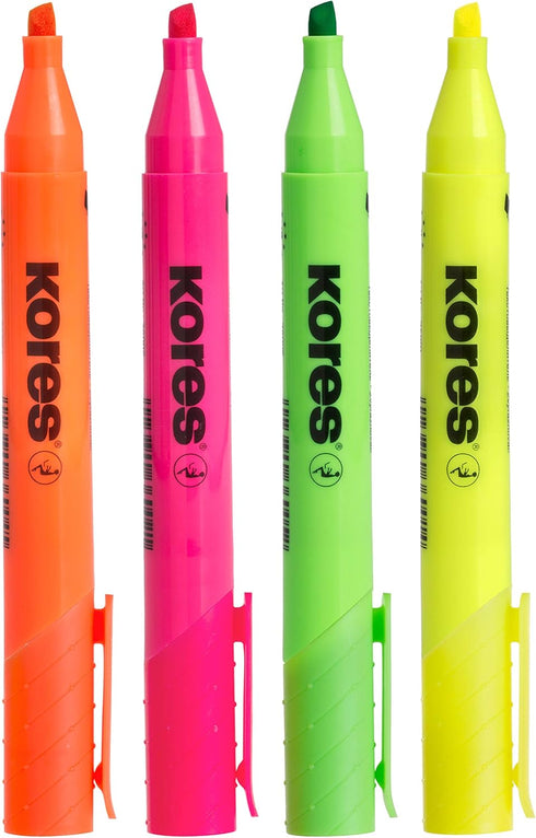 Kores Fluorescent Highlighter Pen, High Liner Plus, Water-Based Ink, Pack of 4 in Assorted Colours, Office Supplies