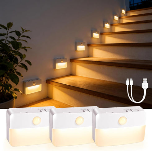 3 Pack Rechargeable Motion Sensor Stair Lights for Indoor, Wireless Battery Operated