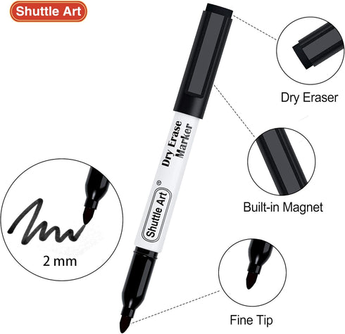 Shuttle Art Black Dry Erase Markers - 60 Pack Magnetic Fine Point Markers for Writing on Whiteboards, Mirrors, School