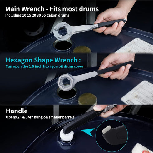 DURATECH Aluminum Drum Wrench, 3-in-1 Bung Opener Tool for 10 15 20 30 55 Gallon Drums