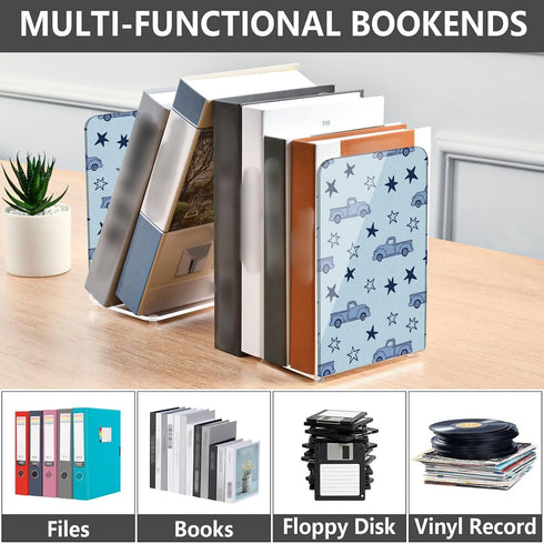 J JOYSAY Trucks Stars Blue Pattern Acrylic Bookends L Shaped Decorative Book Holders Stopper with Non Slip Pads