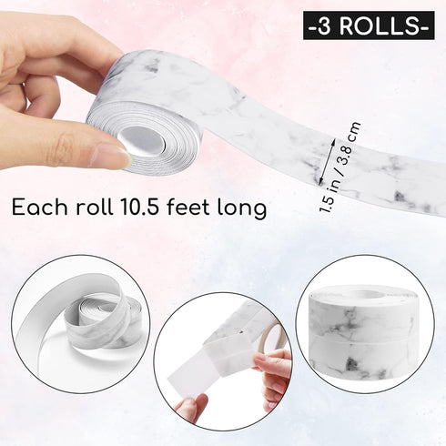 3 Rolls 10.5 Feet Caulk Tape Toilet Caulking Strip Self Adhesive Caulk Strip Bathroom Caulk Tape Sealing Strip Bathtub Tape Peel and Stick Caulk Strip, 1.5 Inches (White Marble)