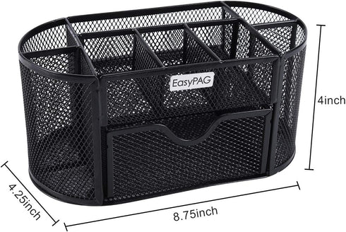 EasyPAG Desk Organizer, Mesh Desktop Caddy with 8 Compartments and 1 Drawer for Office Supplies (Black)