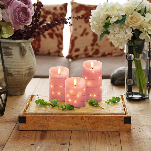 3 Pack Homemory Flameless Candles with String Lights, Embedded Fairy String Lights LED Candles, Electric Flickering