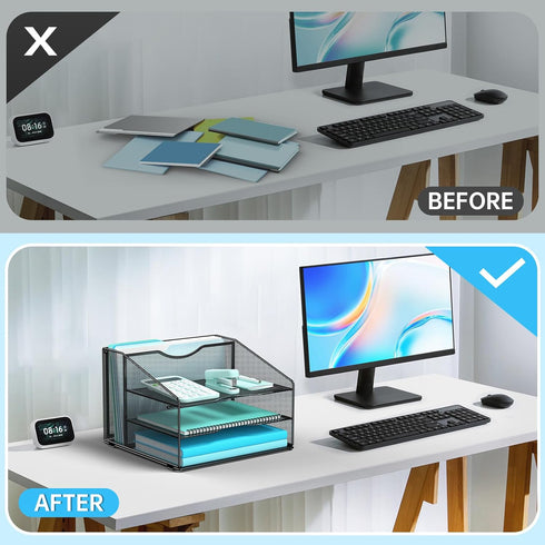 Mesh Letter Tray Desk Organizer with Vertical Section and 3 Paper Trays, Blank File Organizer