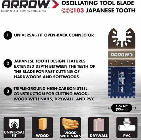 Arrow OSCELEC1-EK Oscillating Tool Accessory Kit, 4-Piece for Drywall, PVC, Wood, Includes 2 Japanese Tooth Blades