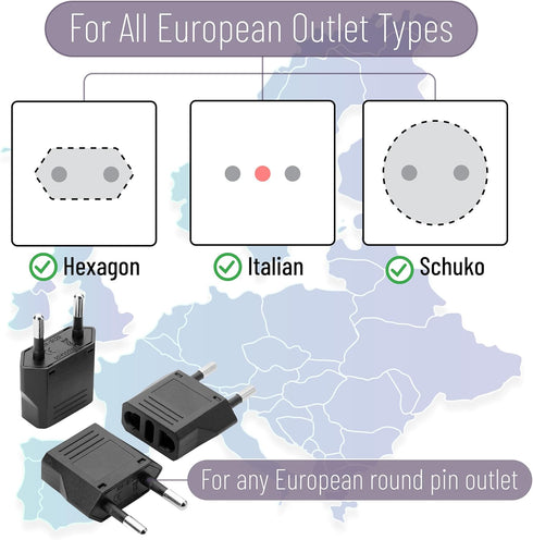 Bates European Plug Adapter, 3 pcs, Black, US to Europe Plug Adapter, Electrical Adapters, Converter Plug