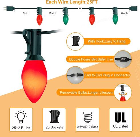 C7 25Ft C7 27 Bulbs, 0.6 E12 Oviejo LED Christmas Lights, Red Green Ceramic String Lights with Red Green LED Vintage