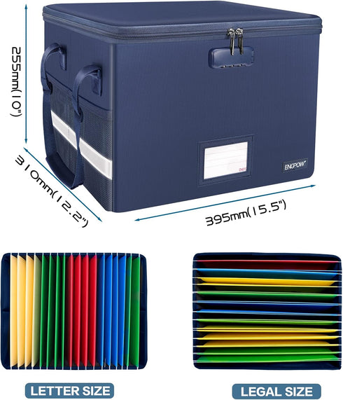 ENGPOW File Box with Lock - Fireproof Document Box with Zipper Lid, Portable Organizer for Hanging Letter/Legal Folder