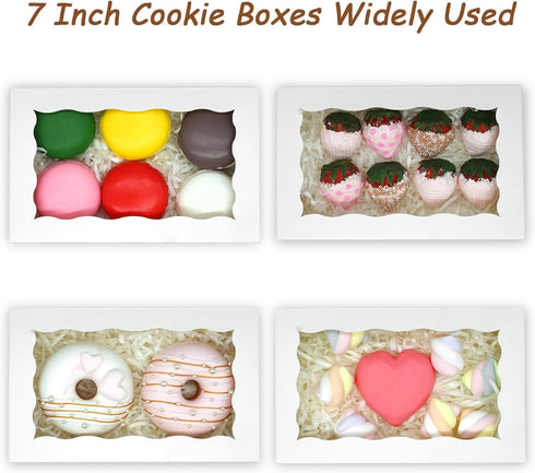 50 pcs Cookie Boxes 7" x 4 3/8" x 1 1/2" Inch: White Bakery Boxes with Window for Treats, Desserts, Macarons