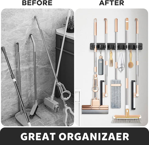 IMILLET Wall Mount Broom Holder, Wood Organizer with 5 Racks and 4 Hooks for Laundry Room and Home Storage