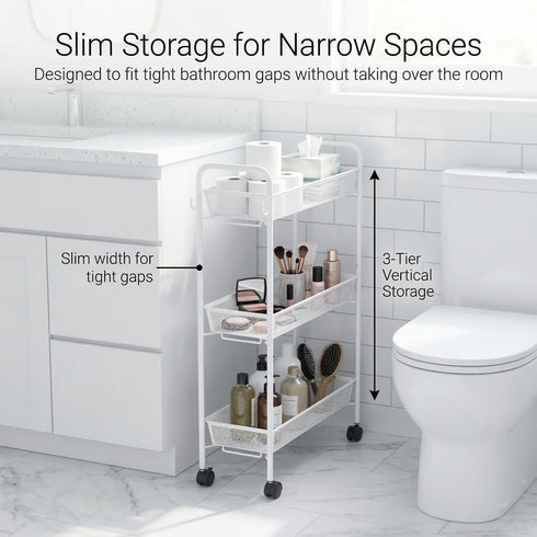 Generic 3-Tier Slim Storage Cart Rolling Utility Organizer for Narrow Spaces, Mobile Wire Mesh Shelving Unit