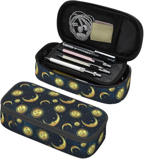 Moon Sun and Stars Pencil Case Bag, Gold Celestial Bodies Boho Style Pen Holder for Kids, Students, Desk Organizer