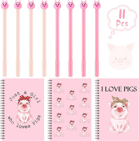 Kosiz 11 Pcs Pig Gifts - 8 Pcs Pig Gel Pens & 3 Pcs Pig Spiral Notebook, Cute Pig Stationary Gift for Women Girls