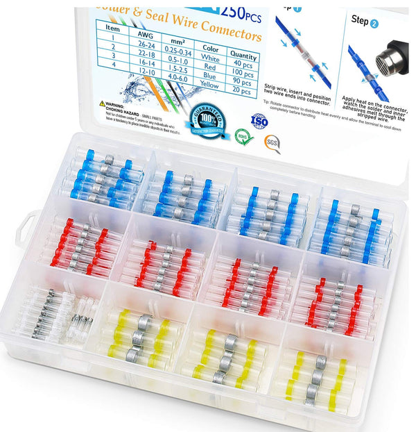 TICONN 250 Pcs Solder Seal Wire Connectors, Heat Shrink Butt Connectors, Waterproof Electrical Terminals