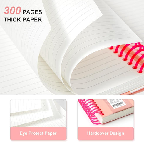 Yoment Hardcover Spiral Notebook, 300 Pages, College Ruled, 7" X 10", Large Spiral Lined Journals for Work, Pink