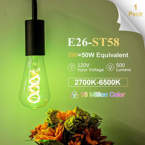 Bulb ST19, Bulb, 2700K-6500K ST58 Bulb, 5W (50 500lm, 1-Pack DiCUNO Smart Edison Color Changing WiFi Smart Light