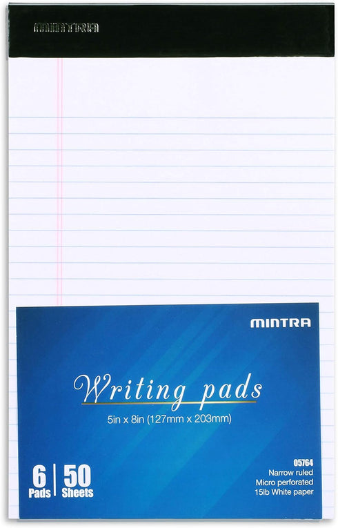Mintra Office Legal Pads - BASIC WHITE 6pk, 5in x 8in, NARROW RULED, 50 Sheets per Notepad