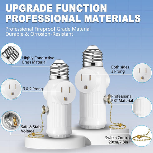 Light Socket to Plug Adapter, (2 Pack) 3 Prong Light Bulb Outlet Socket Adapter, Heat-Resistant Materials