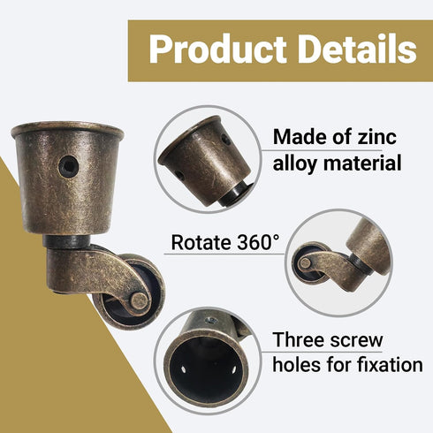 4PCS 2.6 1.5 Inch Cups Swivel Wheel Caster x Vintage Swivel Round Cup Caster for Furniture, Piano Stands, Tables