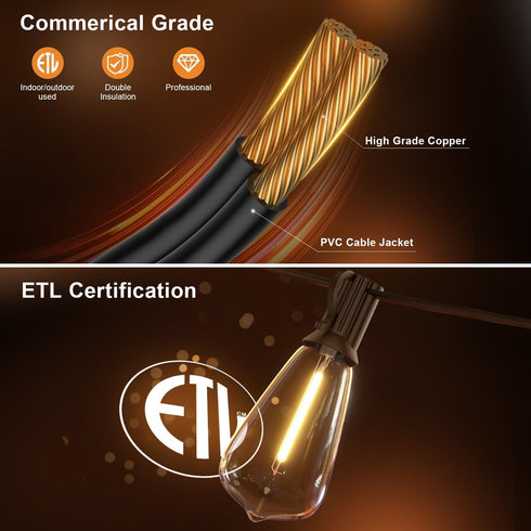 100FT ST38 Bulbs, 2700K Dimmable Outdoor String Lights, Waterproof Patio Lights with Shatterproof Vintage Edison