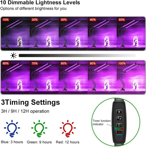 YGS-Tech LED Black Light, 3 9 12H Timer, 10 Dimmable Levels UV Light, Dual Head 54LEDs Blacklight for Glow in The Dark