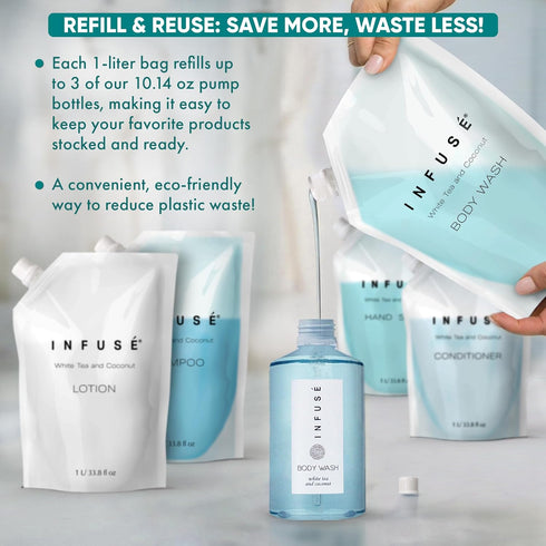 1 Set 3 INFUS Liter Body Wash Refill Bag for Soap Dispensers | Bulk Toiletries for Vacation Rentals and Home Bathroom