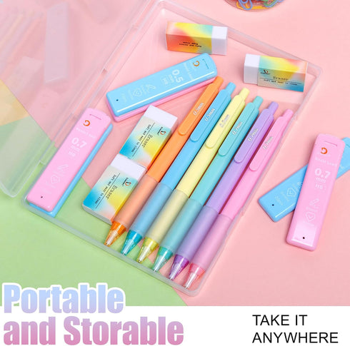 Mechanical Pencil Set, 6 Pcs Pastel 0.7mm & 0.5mm with 6 Tubes of HB Lead Refill and 4 Erasers