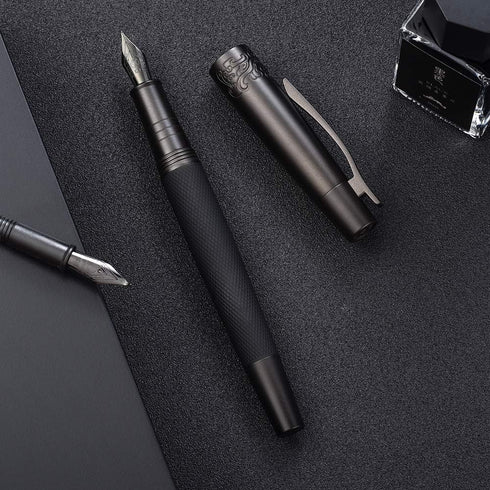 Hongdian 6013 Pure Black Solid Metal Fountain Pen with Extra Fine Nib, Senior General Ink Converter Pen in Metal Box
